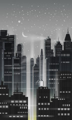 Night city, city scene, skyscrapers, towers, starry sky, lights, horizon, perspective, background, vector, isolated