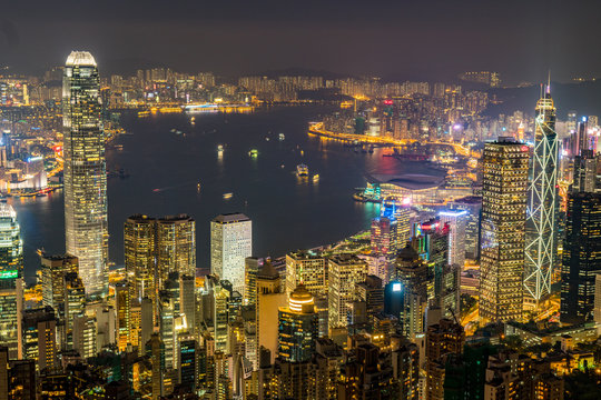 Hong Kong Skyline from Victoria Peak at night. Modern skyscrapers and City lights