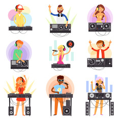 DJ music vector discjockey people character playing disco on turntable sound record in nightclub set of jockey boy girl with audio equipment for playback vinyl discs isolated on white background
