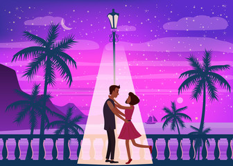 Sunset ocean, sea, palm trees, mountains, embankment, the setting sun, seascape. Meeting a couple in love, romance, love. Mood of color. Vector, isolated, cartoon style