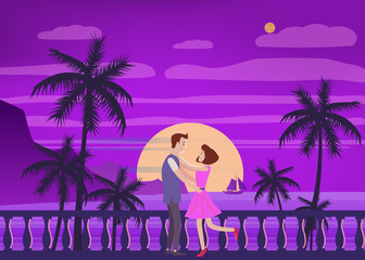 Sunset ocean, sea, palm trees, mountains, embankment, the setting sun, seascape. Meeting a couple in love, romance, love. Mood of color. Vector, isolated, cartoon style