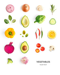 Creative layout made of avocado, tomato, onion, beetroot, pepper, artichoke, broccoli and cucumber on the white background.. Flat lay. Food concept.  - obrazy, fototapety, plakaty