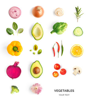 Creative layout made of avocado, tomato, onion, beetroot, pepper, artichoke, broccoli and cucumber on the white background.. Flat lay. Food concept. 