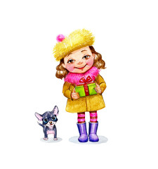 little gir holding a gift  with a dog..Watercolor illustration.