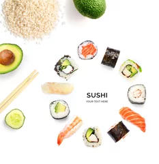 Fotobehang Creatieve lay-out gemaakt van sushi. Voedsel abstracte achtergrond. Sushi op de witte achtergrond. © StudioDFlorez