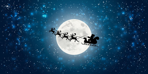 Obraz na płótnie Canvas santa claus flying in sledge with reindeers night sky over full moon merry christmas happy new year winter holidays concept horizontal flat vector illustration