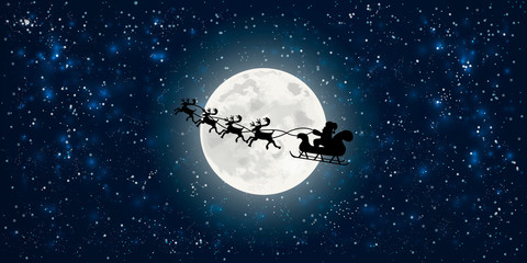 santa claus flying in sledge with reindeers night sky over full moon merry christmas happy new year  winter holidays concept horizontal flat vector illustration