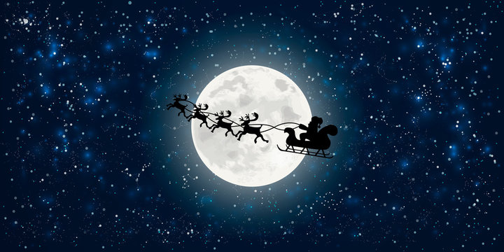 santa claus flying in sledge with reindeers night sky over full moon merry christmas happy new year  winter holidays concept horizontal flat vector illustration