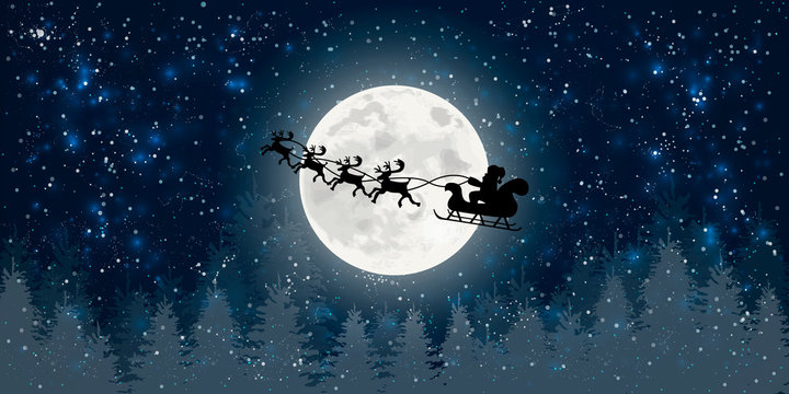 santa claus flying in sledge with reindeers night sky over full moon merry christmas happy new year  winter holidays concept horizontal flat vector illustration
