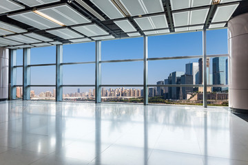 Panoramic skyline and buildings from glass window