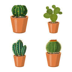 Vectorontwerp van cactus en pottenteken. Set van cactus en cactussen vector pictogram voor voorraad.