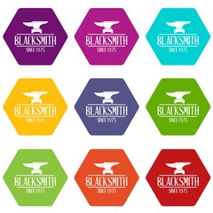 Master blacksmith icons 9 set coloful isolated on white for web