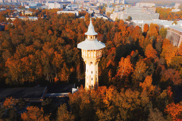 Drone photo view of the tower in the Park of Polytechnic University in St. Petersburg