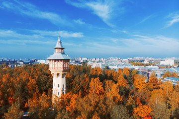 Fototapeta na wymiar Drone photo view of the tower in the Park of Polytechnic University in St. Petersburg