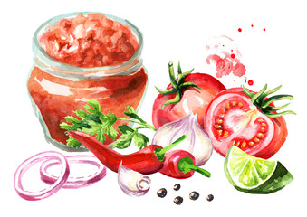 Salsa sauce in the bottle with all ingredients. Watercolor hand drawn illustration  isolated on white background - obrazy, fototapety, plakaty