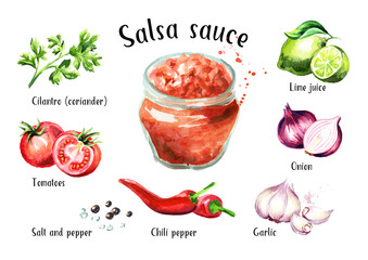 Salsasaus met alle ingrediënten ser. Aquarel hand getekende illustratie geïsoleerd op een witte achtergrond