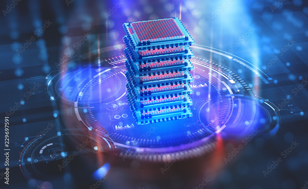 Poster Futuristic Data center. Big Data analytics platform. Quantum processor in the global computer network. 3d illustration of digital cyberspace with HUD element