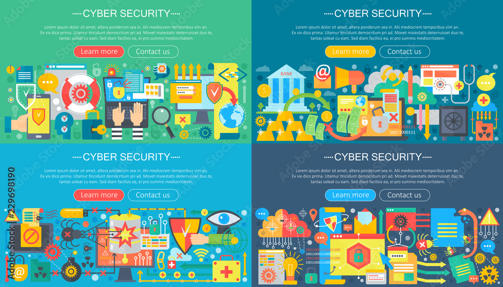 Poster Vector collection of flat cyber security design concepts set. Cloud data service, computer protection and hacker attack concept with school icons items.