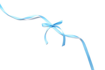Blue ribbon with bow on white background