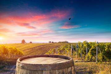Obraz premium Red wine with barrel on vineyard in green Tuscany, Italy
