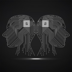 Abstract neon two human head with cpu, circuit board