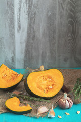 Green Pumpkin and ingredients for tasty vegetarian cooking