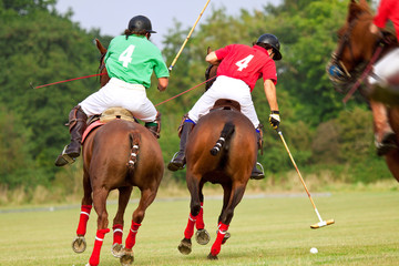 Polo players, riding hard and competing for ball