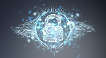 Digital security hologram with padlock 3D rendering