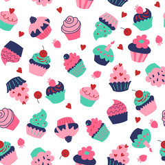 Cute seamless pattern with different cupcakes and muffins