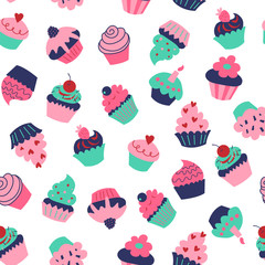 Cute seamless texture with different cupcakes and muffins