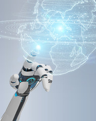 White robot hand using globe network hologram with America Usa map 3D rendering