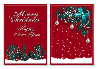 Merry Christmas and Happy New Year. Greeting card with decorations on the Christmas tree and snow. illustration