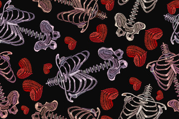 Fototapeta premium Embroidery skeleton, rib cage and red heart seamless pattern. Dark art. Fashionable gothic clothes, t-shirt design