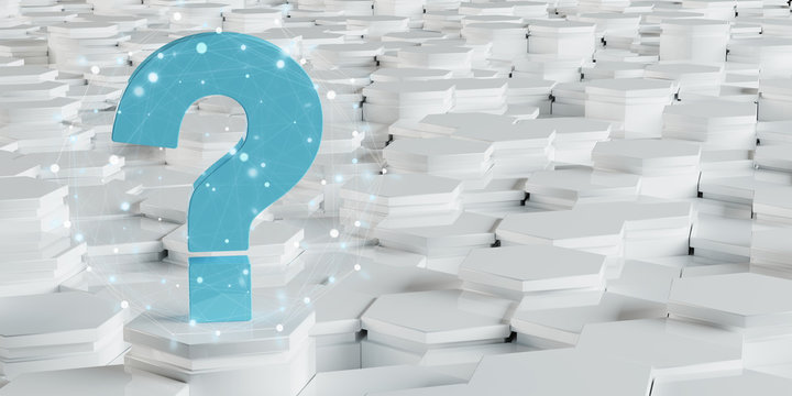 White blue question icon on hexagons background 3D rendering