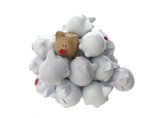 heap of piggy banks, brown pig is the symbol of the 2019 year according to the Chinese calendar