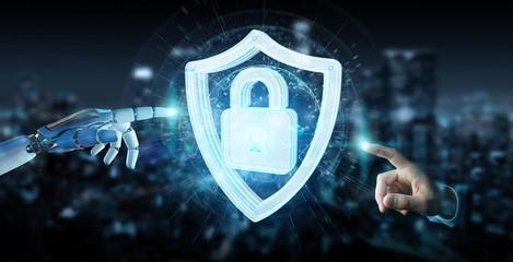 White humanoid hand using web security 3D rendering