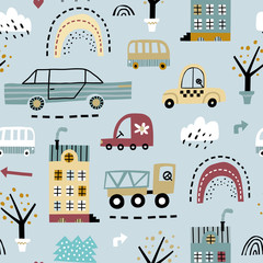 Childish seamless pattern with buildings, road, transport, abstract trees. Vector texture in childish style great for fabric and textile, wallpapers, backgrounds. Creative city childish texture.