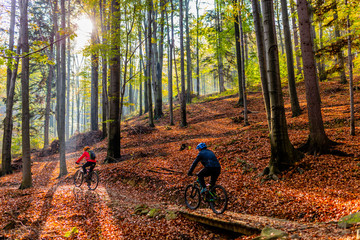Cycling, mountain biker couple on cycle trail in autumn forest. Mountain biking in autumn landscape forest. Man and woman cycling MTB flow uphill trail.