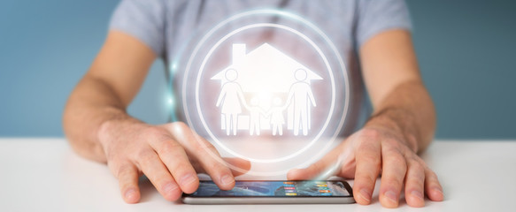 Businessman using family care insurance application 3D rendering