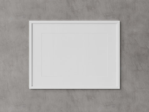 White rectangular horizontal frame hanging on a white wall mockup 3D rendering