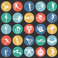 Sport disciplines set on color circles flat background icons