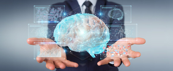 Businessman using digital 3D projection of a human brain 3D rendering