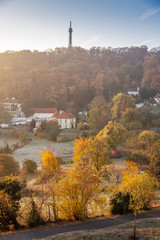 Obraz premium watchtower, Petrin hill at sunrise, Lesser Town (UNESCO), Prague, Czech republic