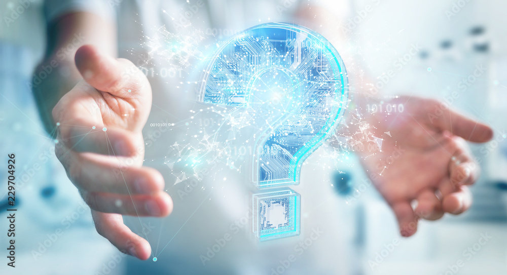 Fototapete Businessman solving problem with digital question marks 3D rendering