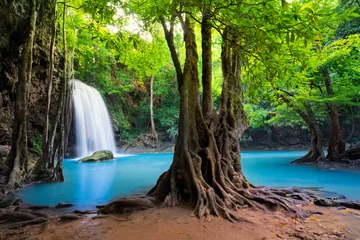 Raamstickers Erawan Waterfall in Thailand is locate in Kanchanaburi Provience. This waterfall is in Erawan national park © happystock
