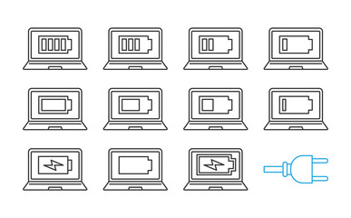 Laptop battery charging linear icons set