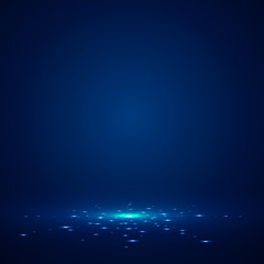 Blue stage background with light rays of spotlight and falling sparkling.