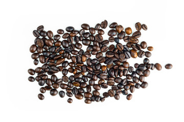 Pile of coffee beans isolated top viwe on white background.