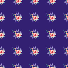 Simple cute pattern in small-scale flowers of petunias. Millefleurs. Regular order. Floral seamless background for textile or book covers, manufacturing, wallpapers, print, gift wrap and scrapbooking.