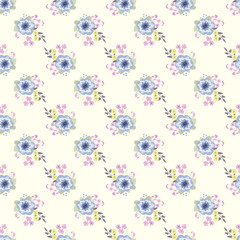 Simple cute pattern in small-scale flowers of petunias. Millefleurs. Regular order. Floral seamless background for textile or book covers, manufacturing, wallpapers, print, gift wrap and scrapbooking.